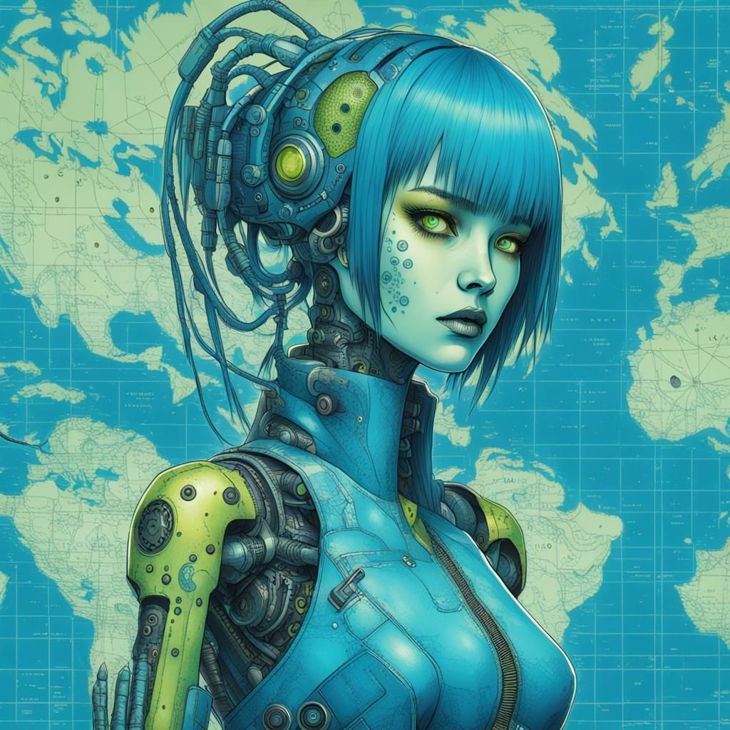 Corroded Cyberpunk Girl with World Map in Ito Style
