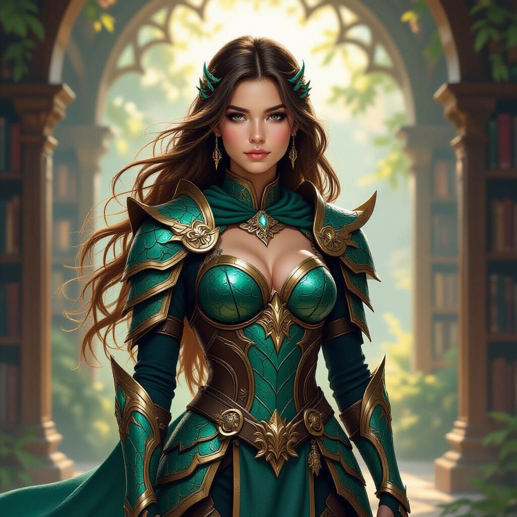 Fantasy Warrior Girl in Teal and Gold Dragon Armor