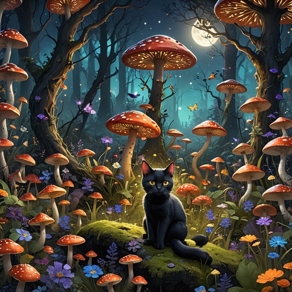 Black Cat in Magical Forest: Detailed Matte Painting