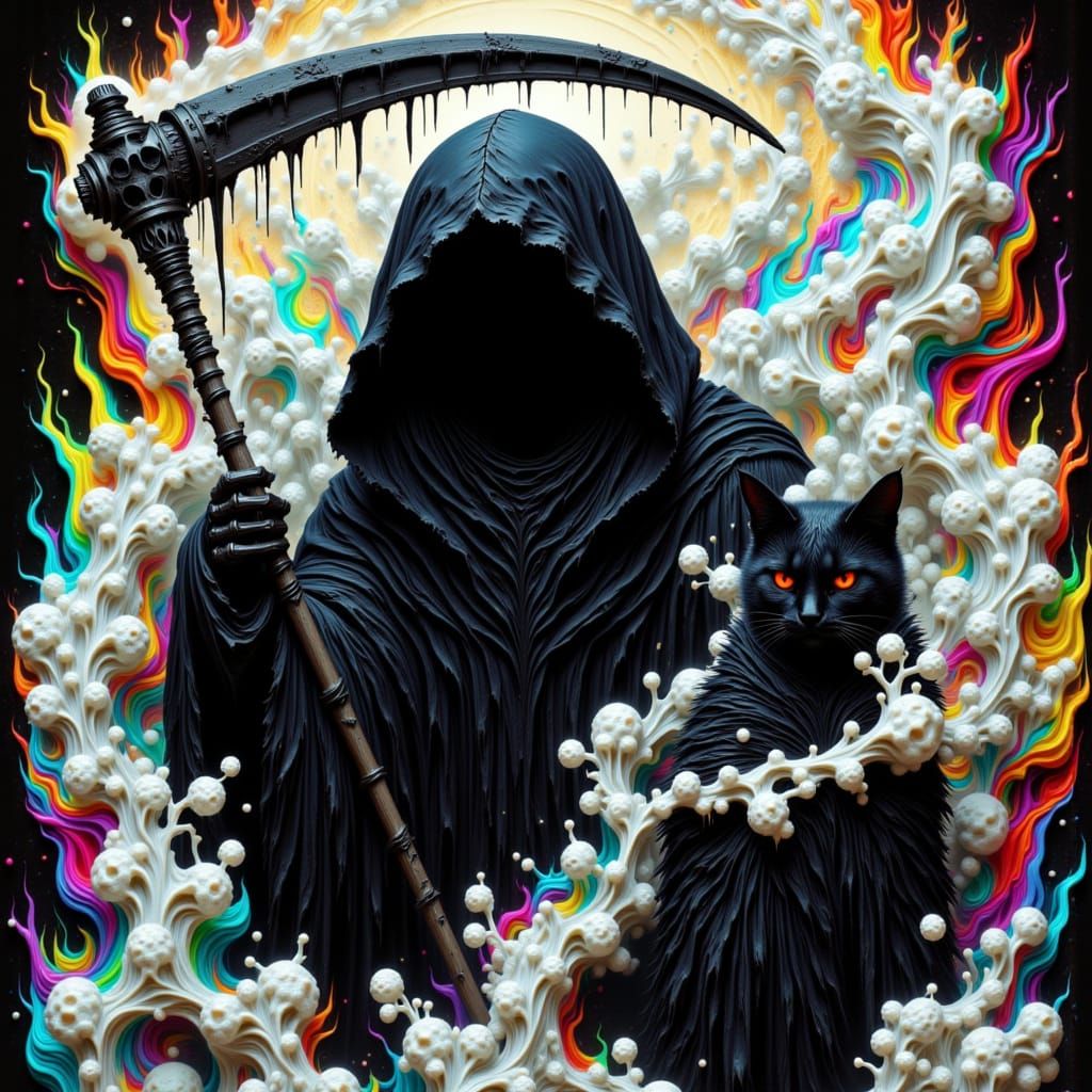 Grim Reaper and Black Cat in Rorschach Style