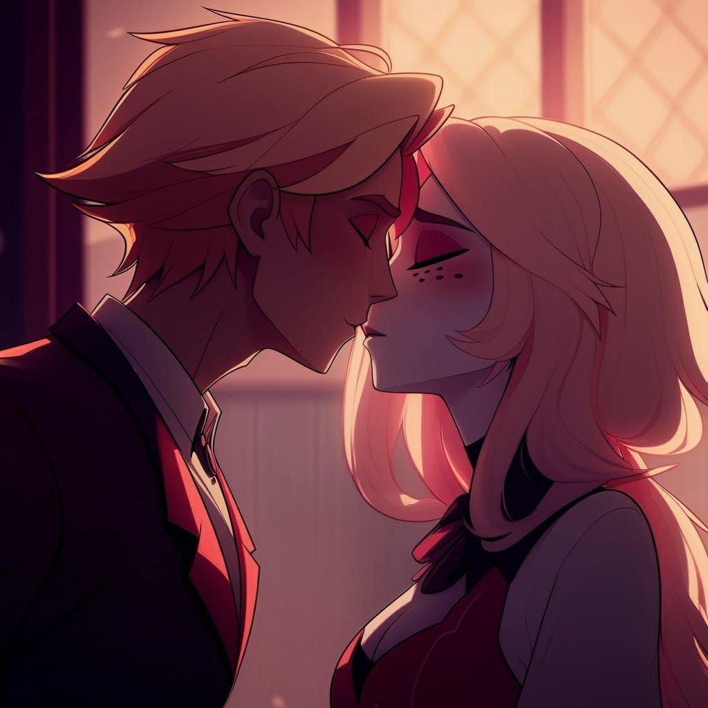 The characters Lute and Adam from Hazbin Hotel leaning in to kiss.