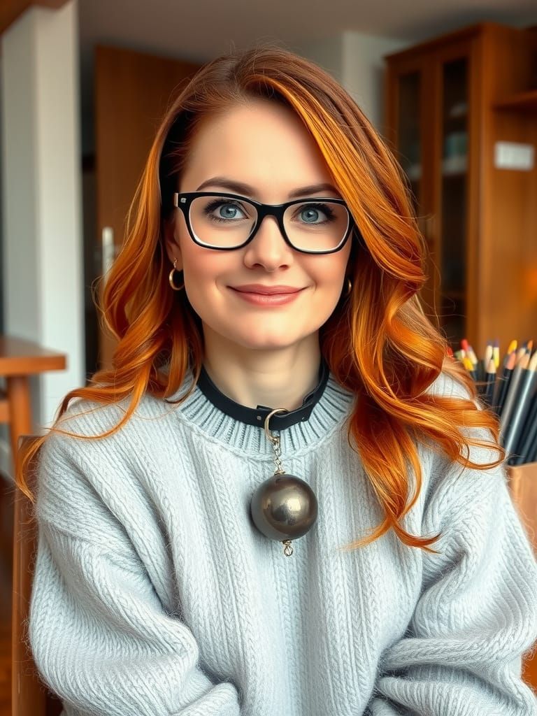 A 30 year old woman with glasses  sits in a room characteriz...