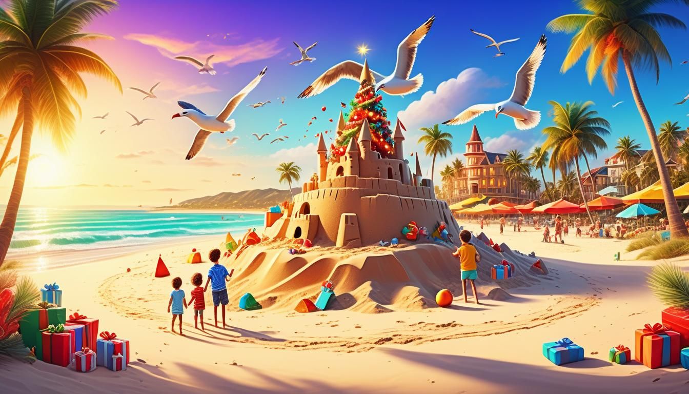 Vibrant Beachside Christmas Scene in Whimsical Digital Paint...