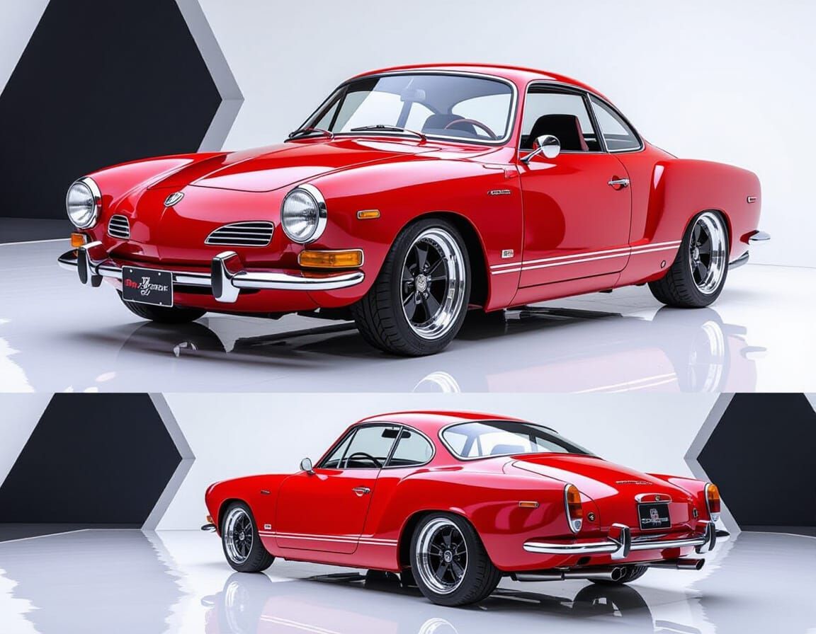 Retro-Modern Karmann Ghia with Futuristic Auto Show Ambiance