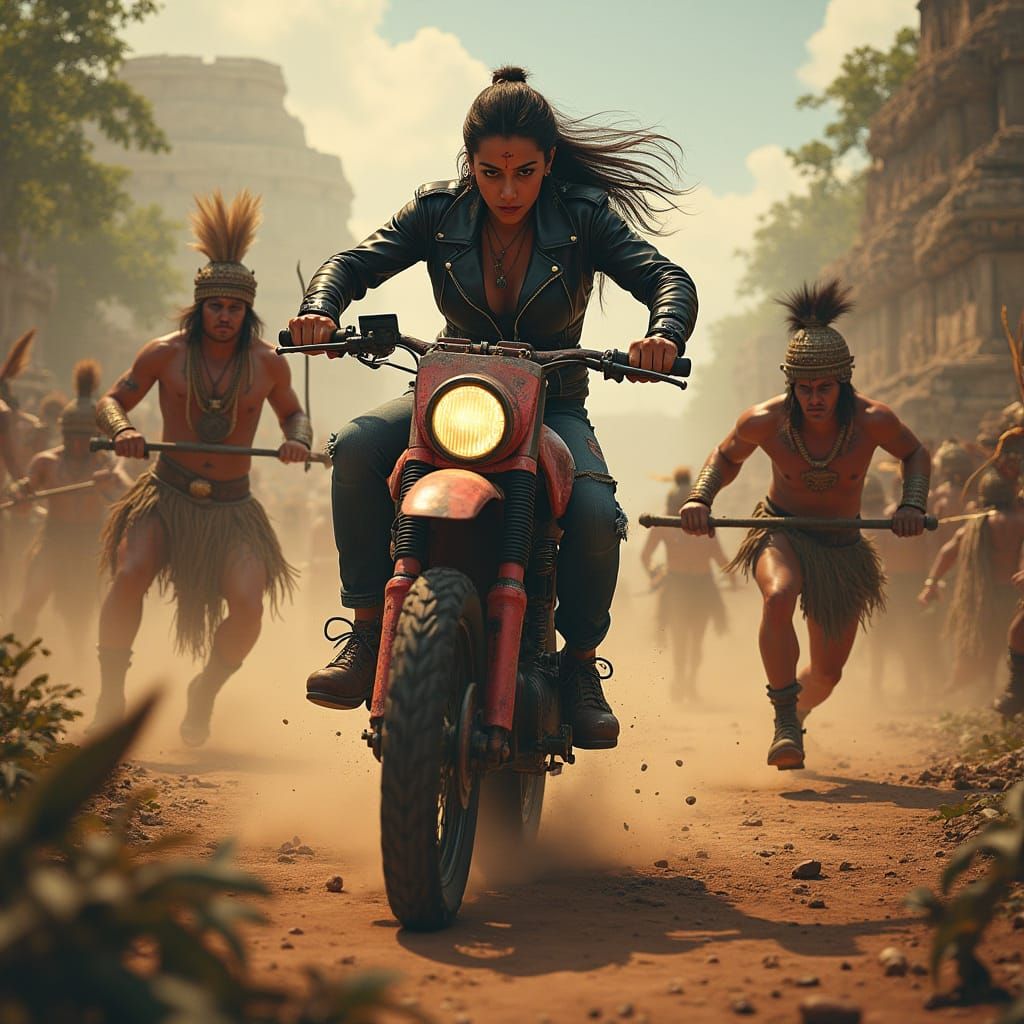 Ancient Warriors Clash Amidst Smoky Mesoamerican Ruins