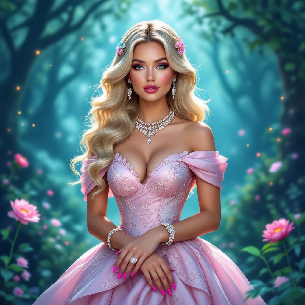 Blonde Woman in Pink Dress in Magical Forest