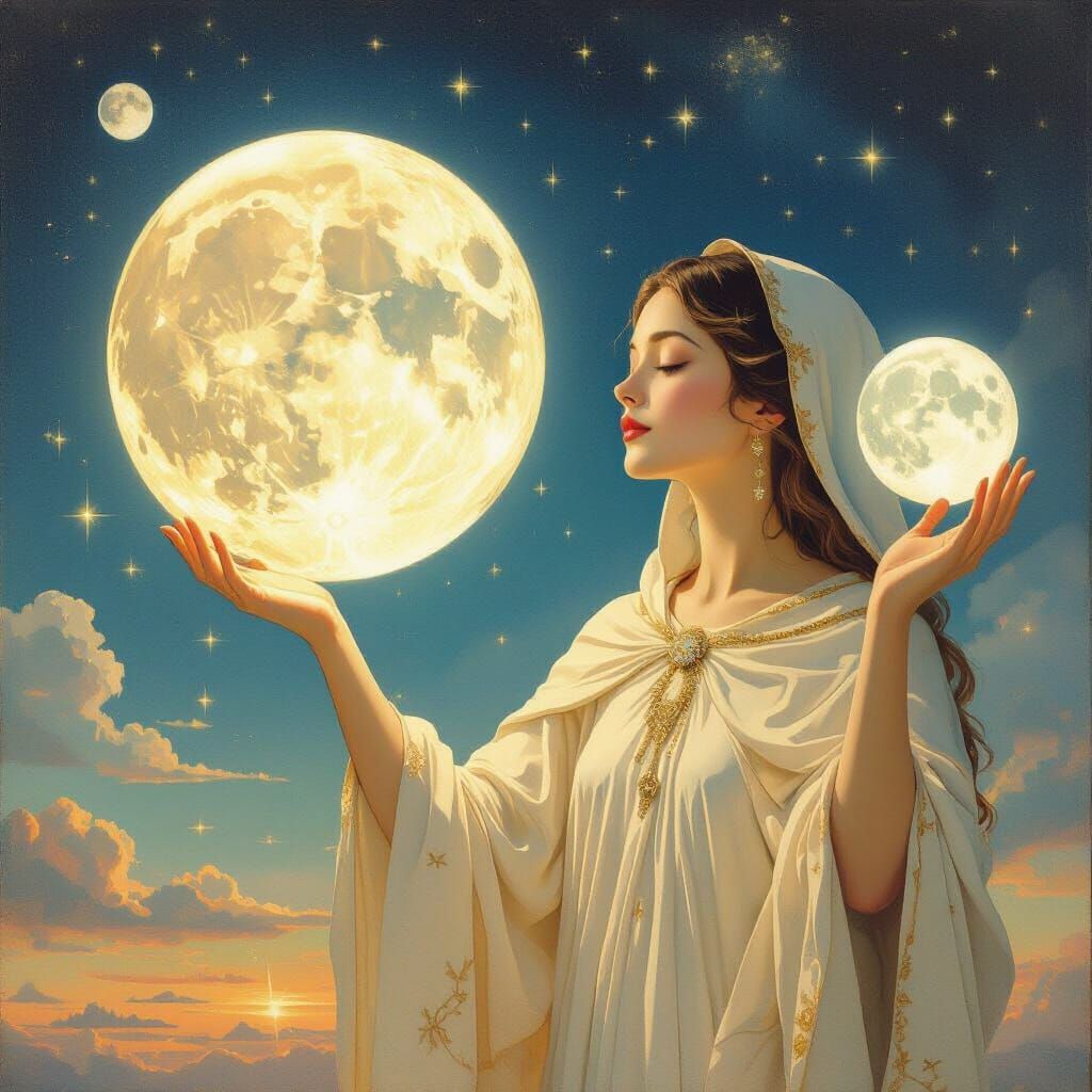 Benevolent Figure Illuminates World with Moons in Surreal St...