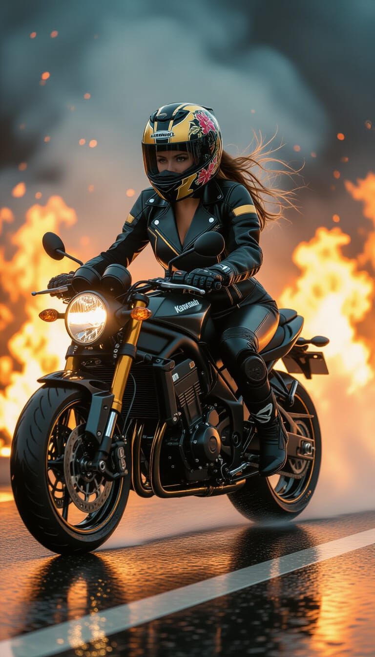Motorcycle Rider in Flames: Hyperrealistic Action Shot