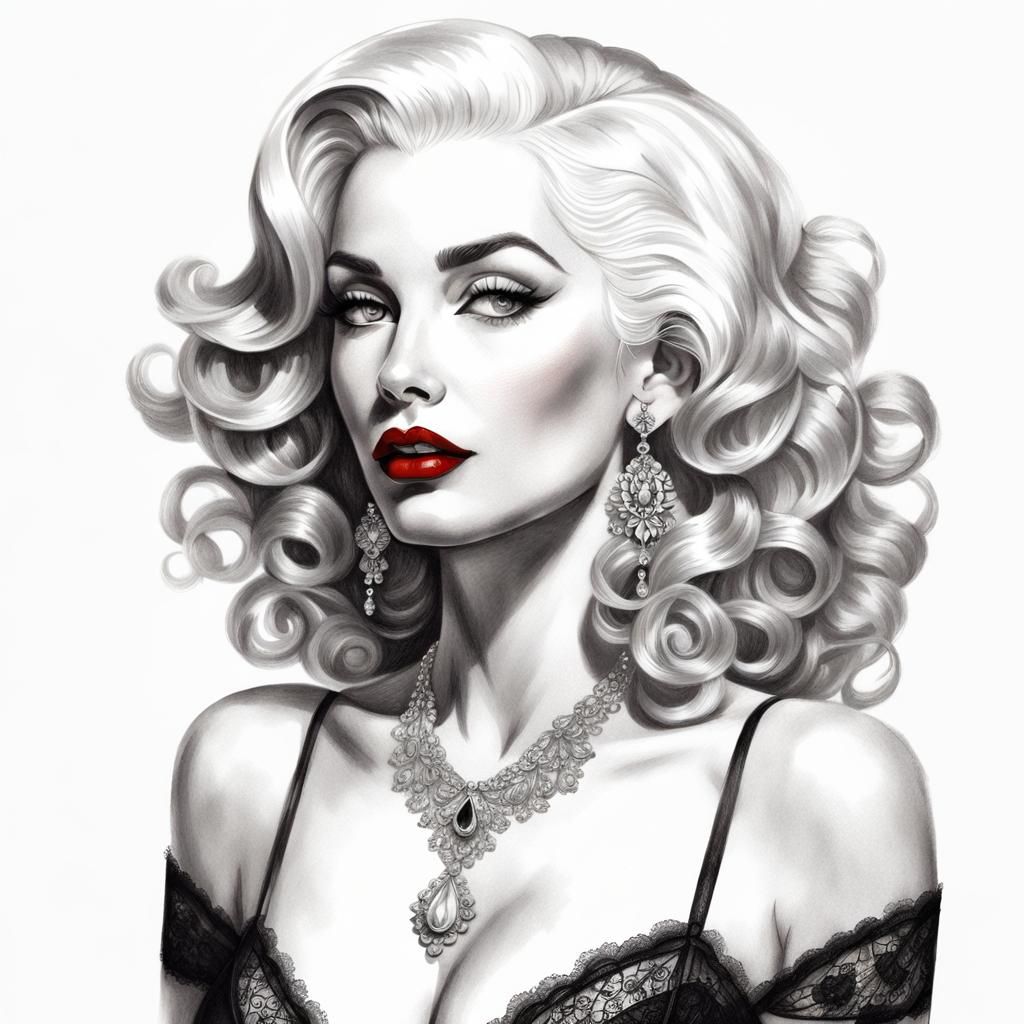 Glamorous 50s Girl in Graphite Drawing