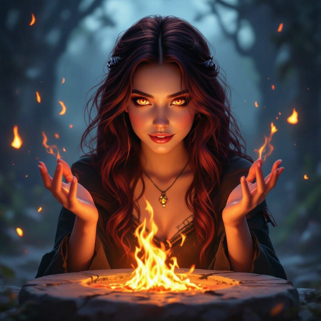 Fire Witch Casting Spell at Night