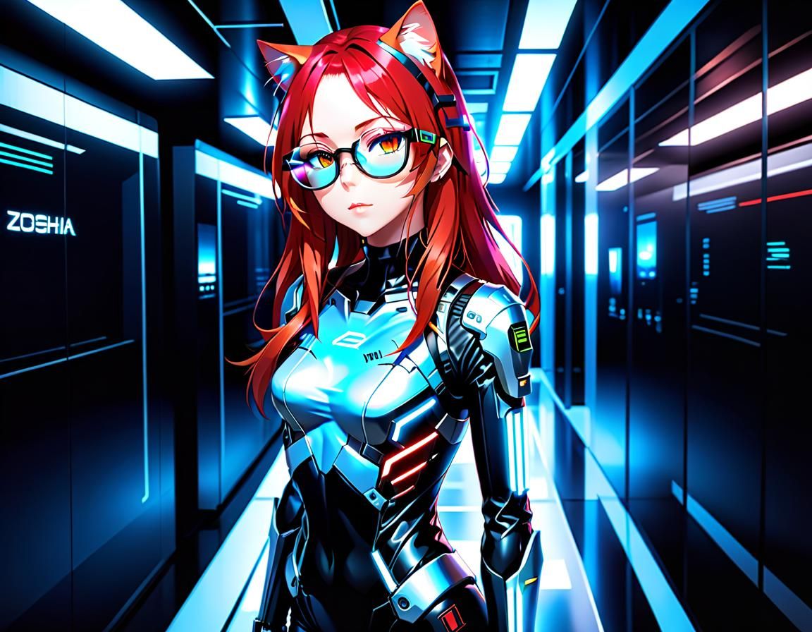Cyberpunk Cat-Girl with AR Glasses in Glitch Art