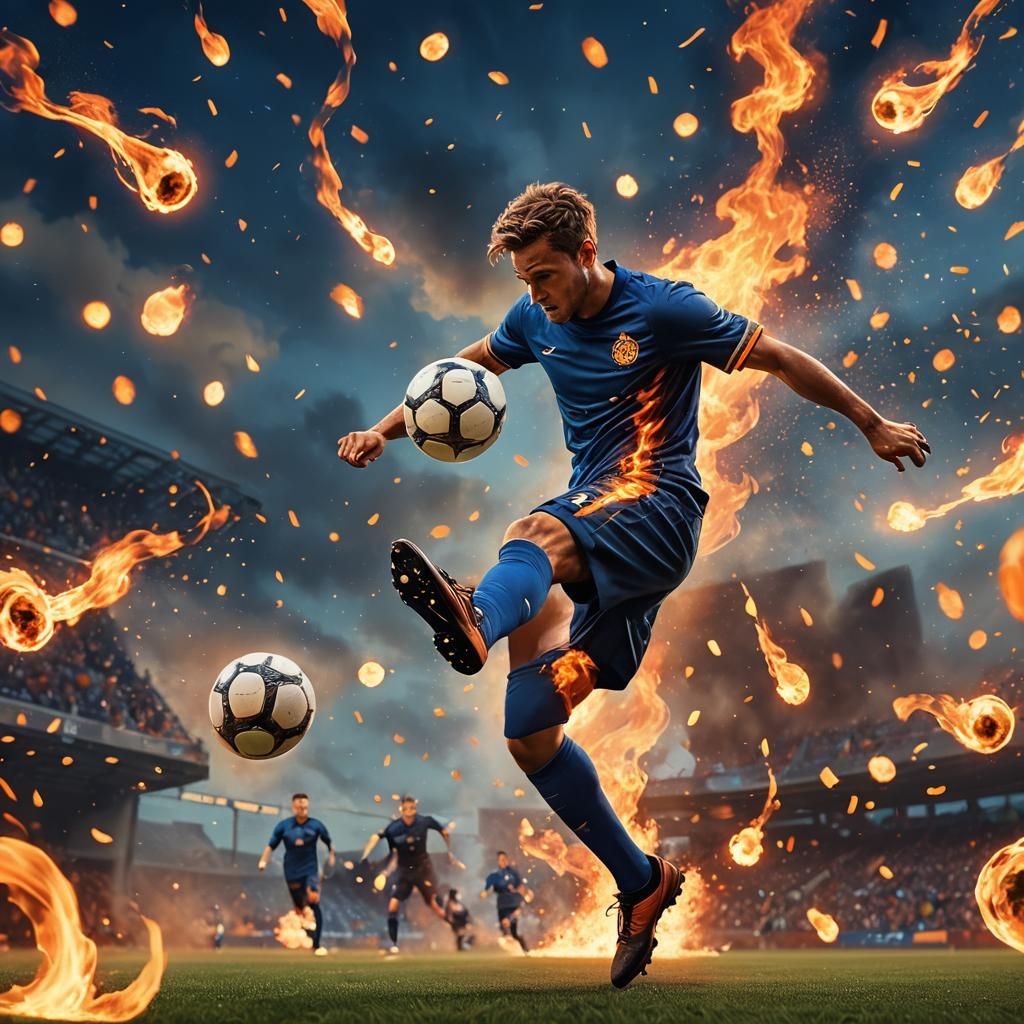 Soccer Player Kicks Flaming Balls: Epic Fantasy Art