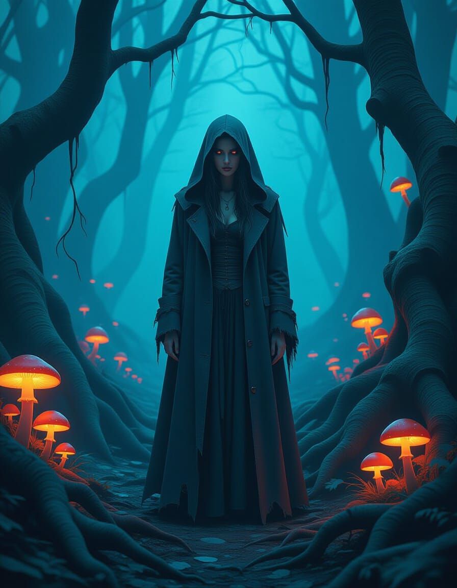 Mystical Forest Woman in Eerie Neon Landscape
