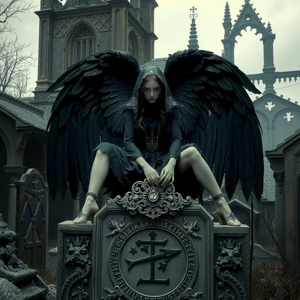 Melancholic Gothic Angel in Ruined Church