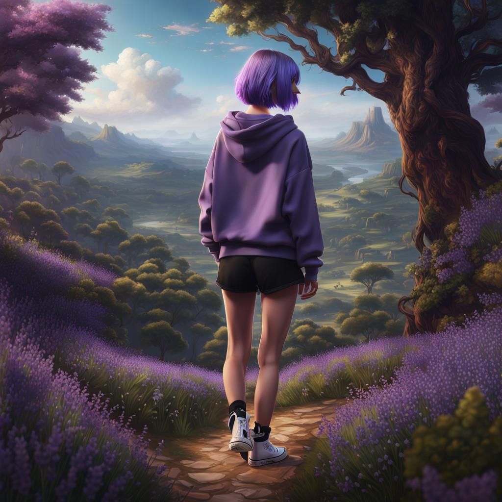 Girl with Purple Hair in Detailed Matte Painting