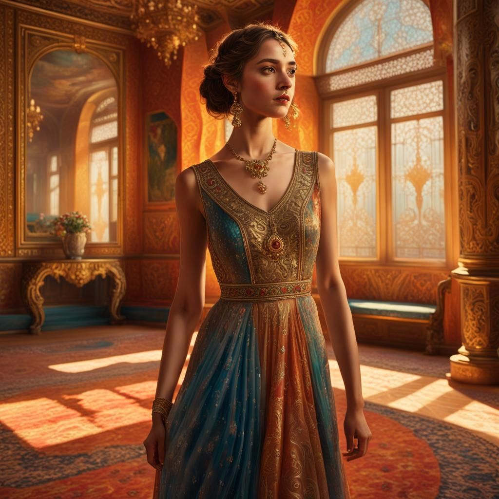 Eastern European Woman in Ornate Interior, Digital Painting