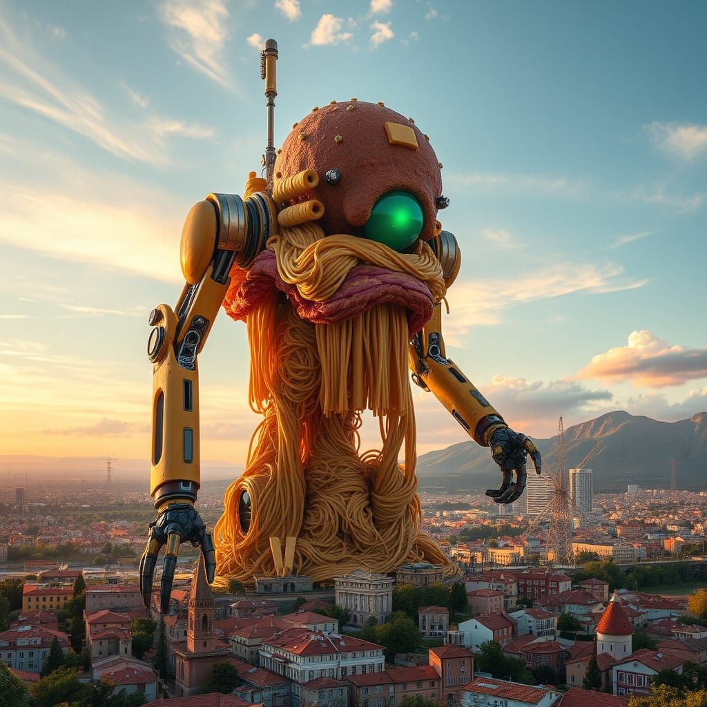 Colossal Pasta Robot Towers Over City