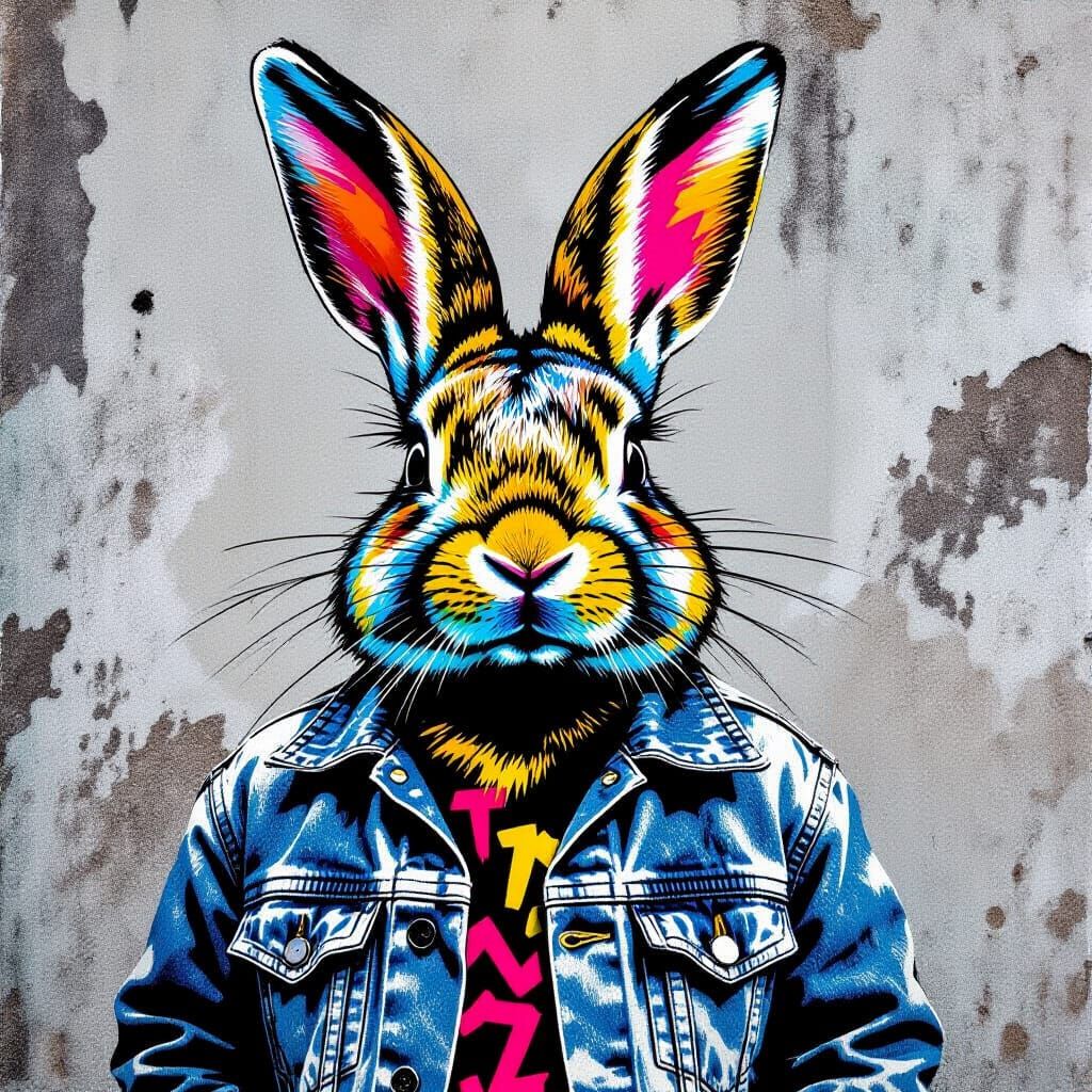 Rabbit in Denim Jacket with Street Art Markings