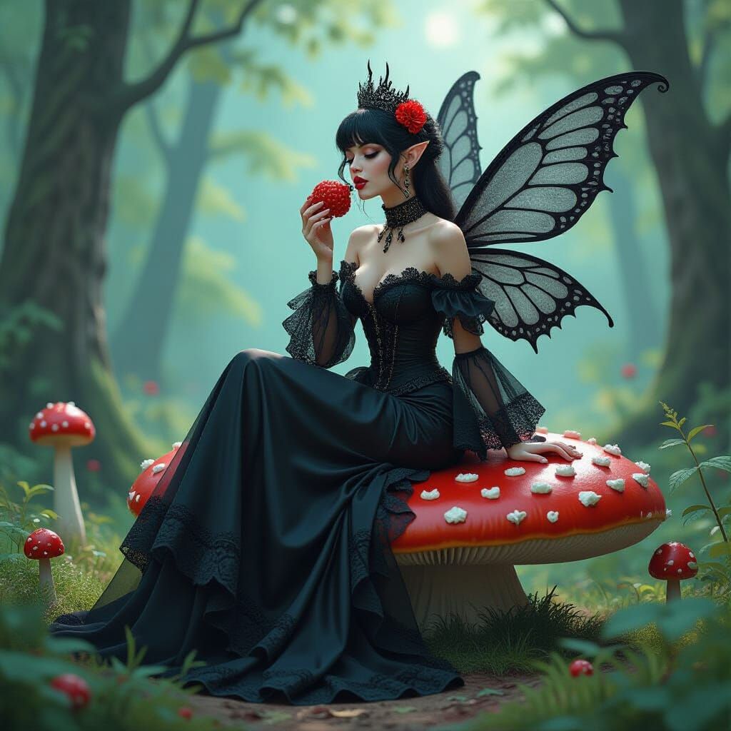 Goth Fairy with Blackberry in Digital Oil Painting Style