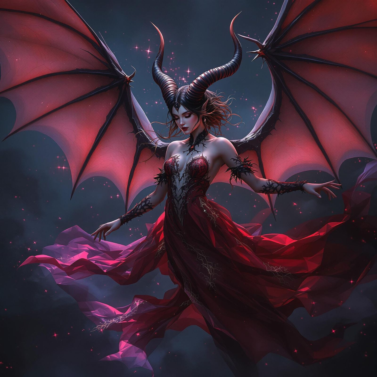 Ethereal Horned Girl with Bat Wings