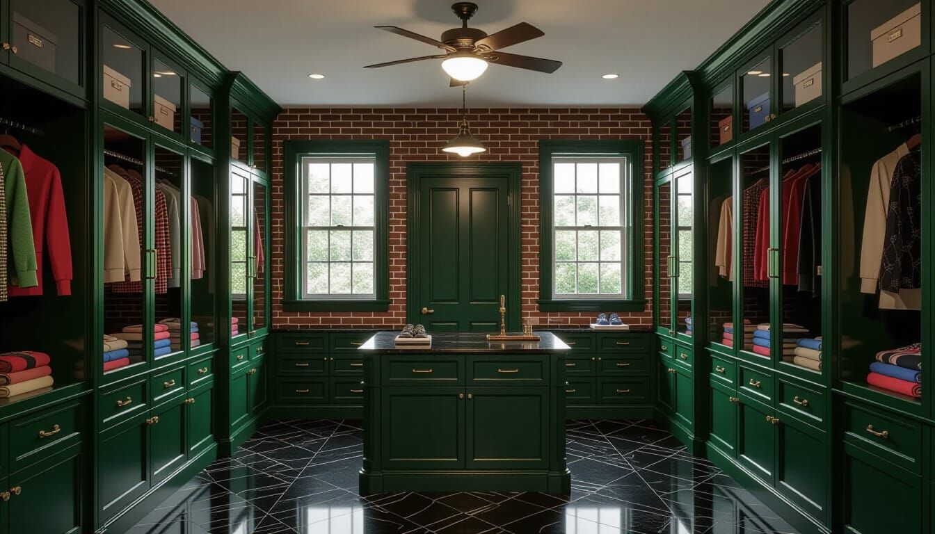 Victorian Walk-In Closet Room with Green and Brick Accents
