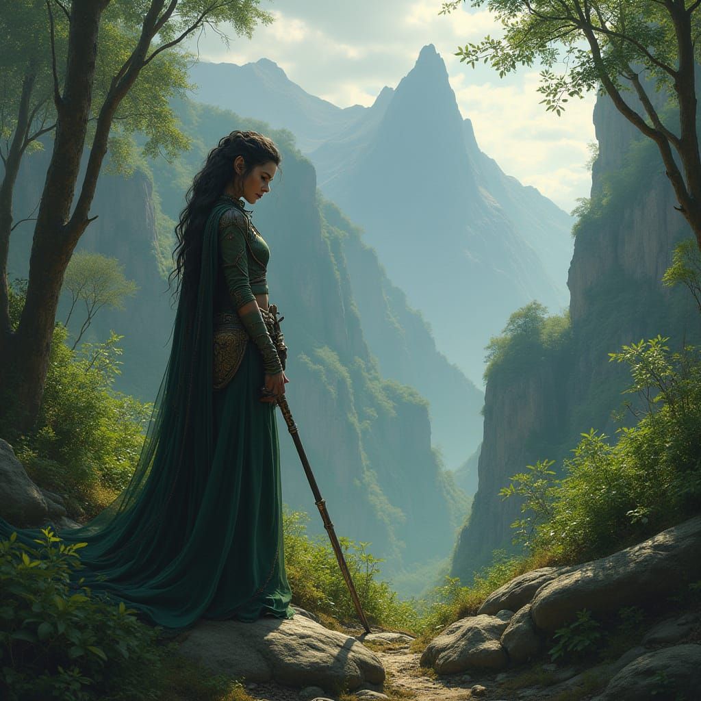 Elf Twins in Volcanic Forest, Retro Sci-Fi Style