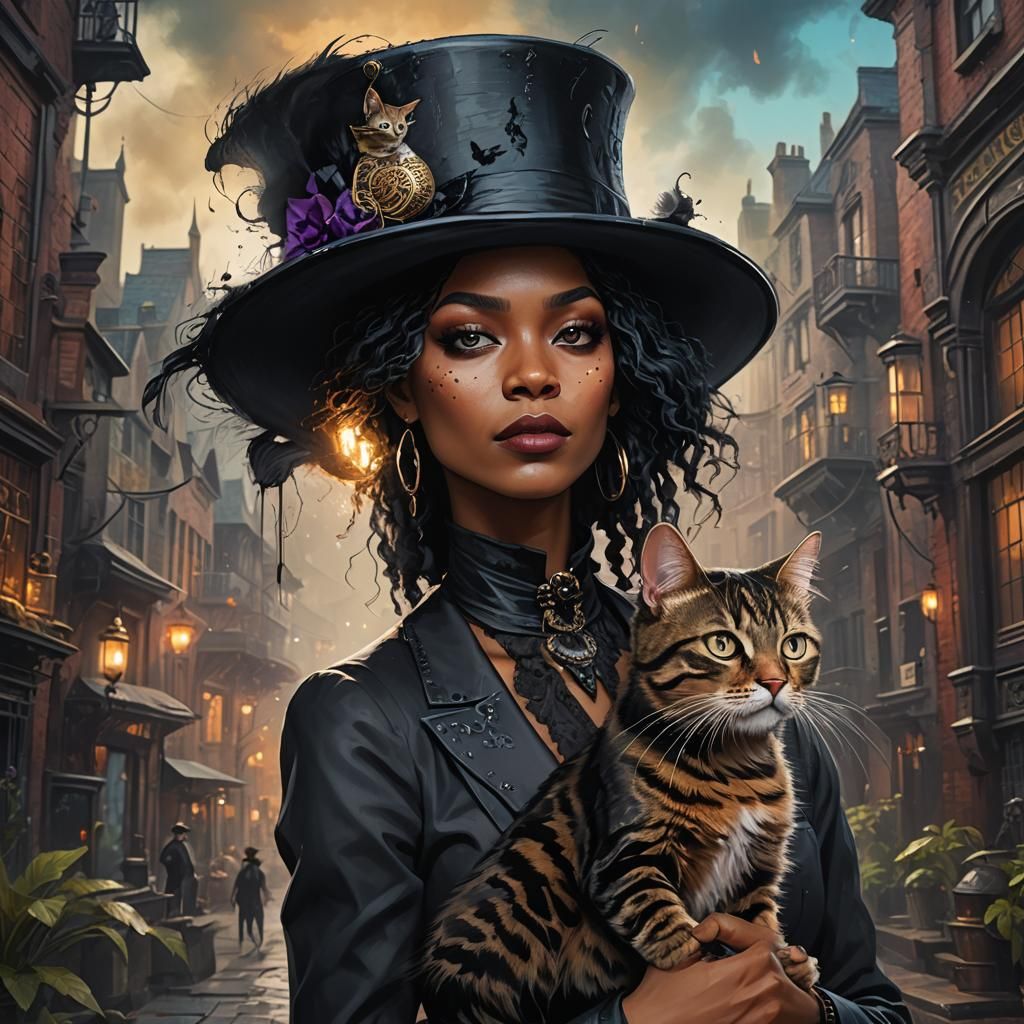 Bi-Racial Woman with Cat in Acrylic Painting