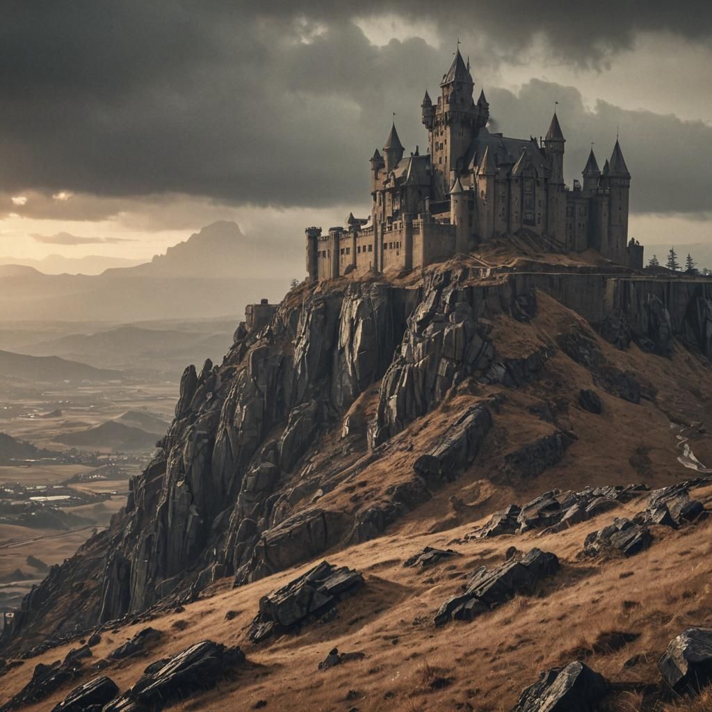 Brutalist Castle at Rainy Sunrise: Sepia Fantasy