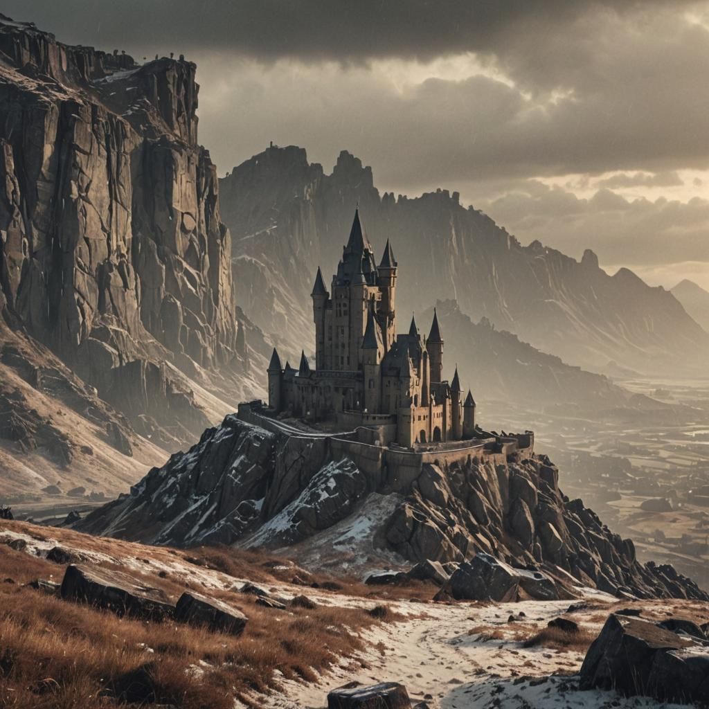 Brutalist Castle on Windswept Moor at Rainy Sunrise