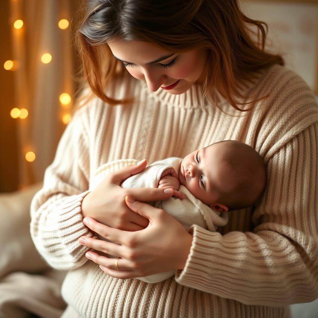 Mother and Baby in Golden Light, Impressionist Style