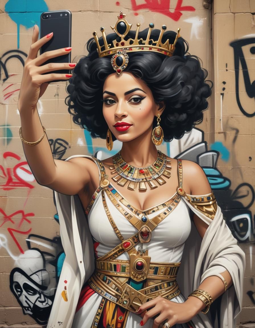 Egyptian queen taking selfie mobile , graffiti graph scene