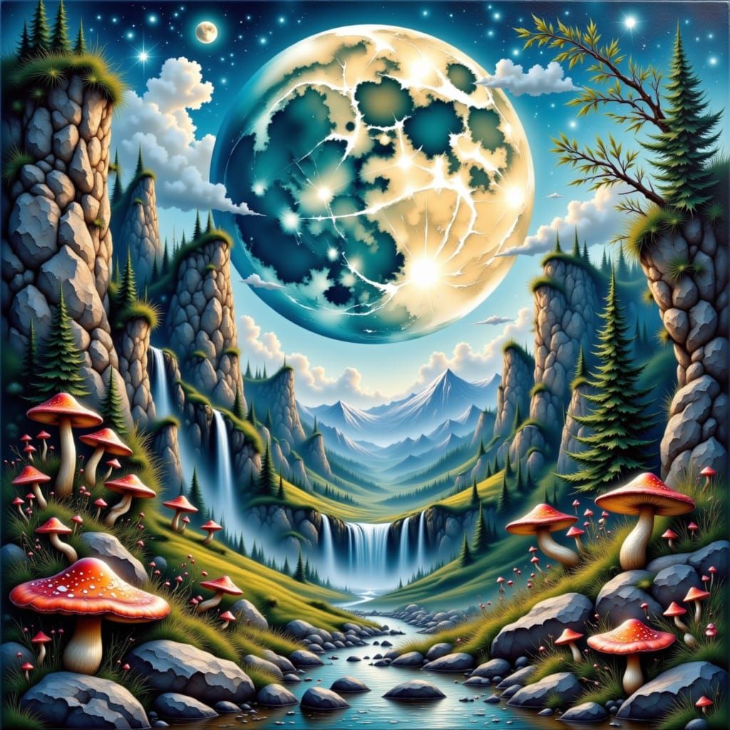 Rocky Moon Over Valley of Waterfalls and Mushrooms