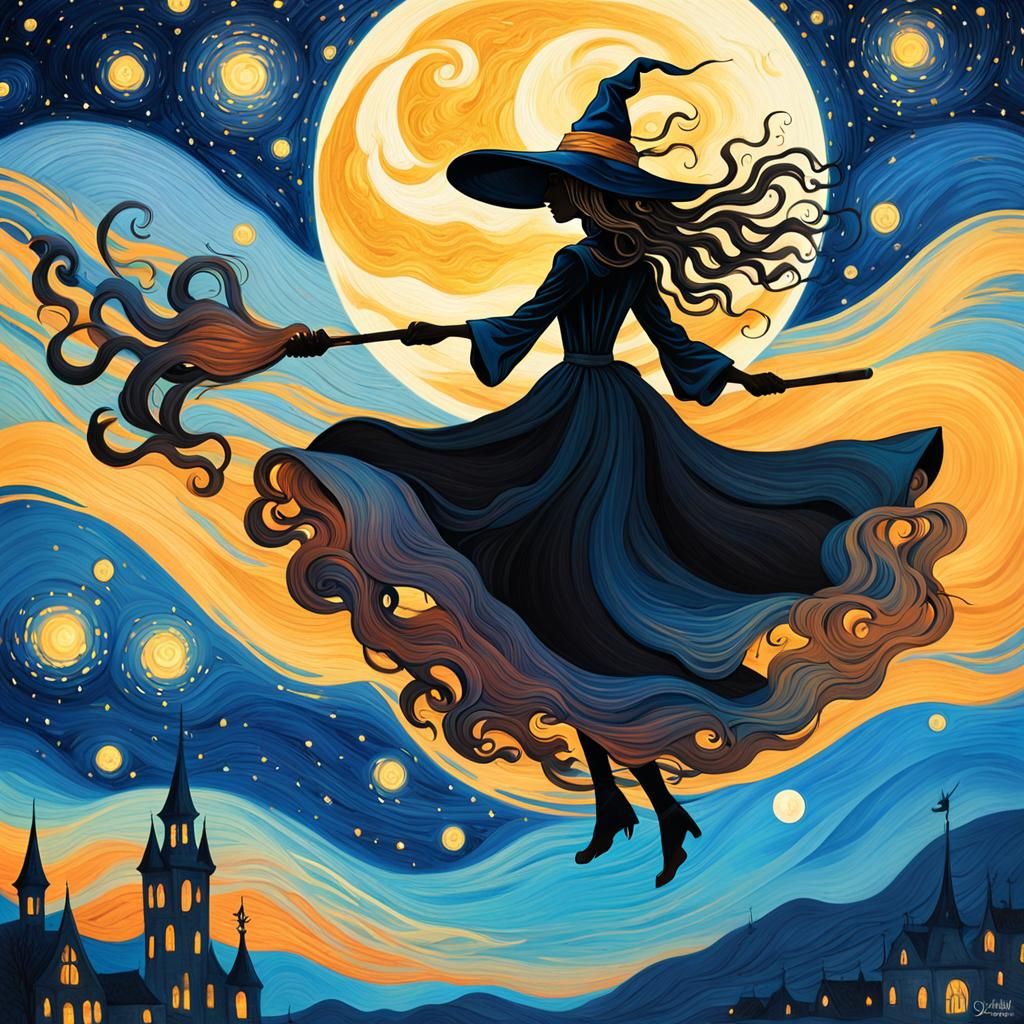 Fantasy Witch Flies on Broomstick in Dreamscape Art