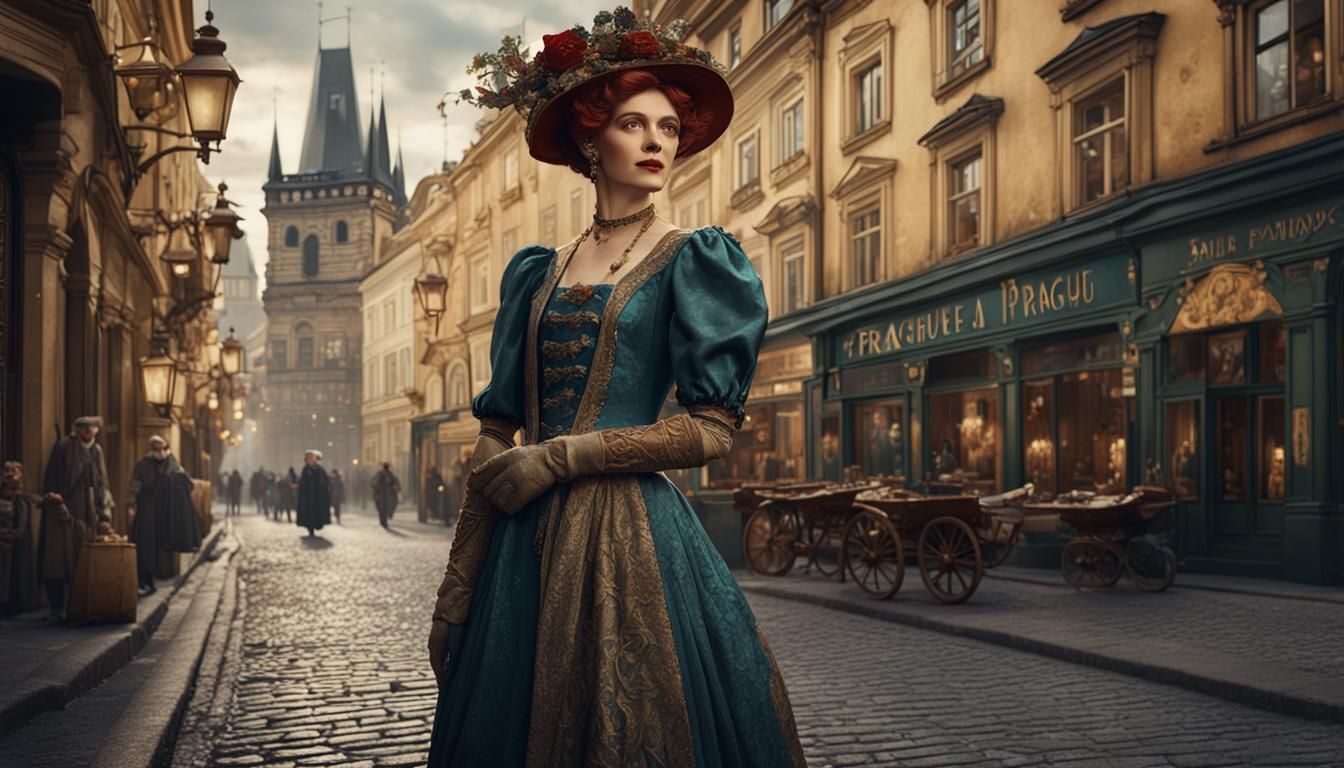 Art Nouveau Woman in Old Prague Street