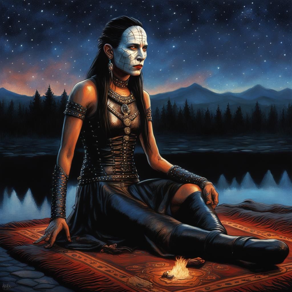 Native American Pinhead Cosplay Under Starry Sky