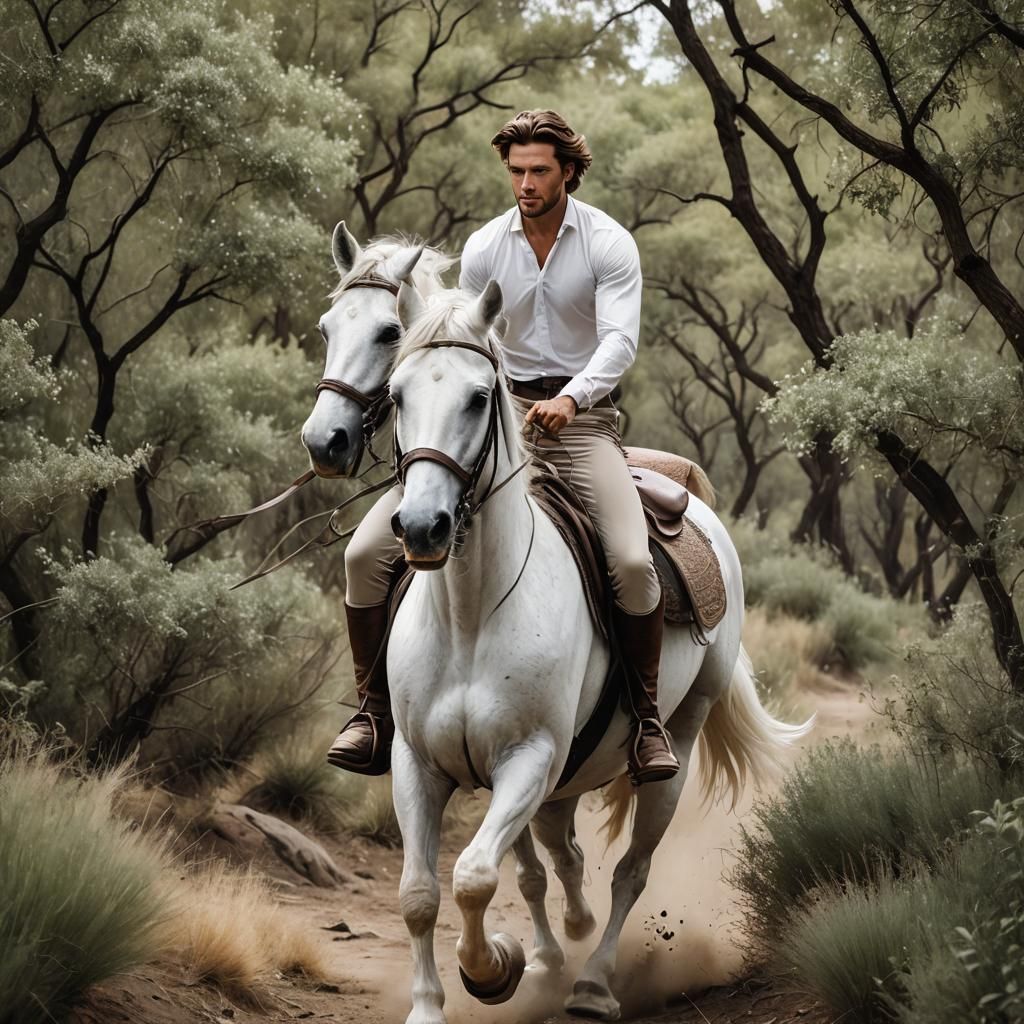 Man on White Horse Being Chased by Girl