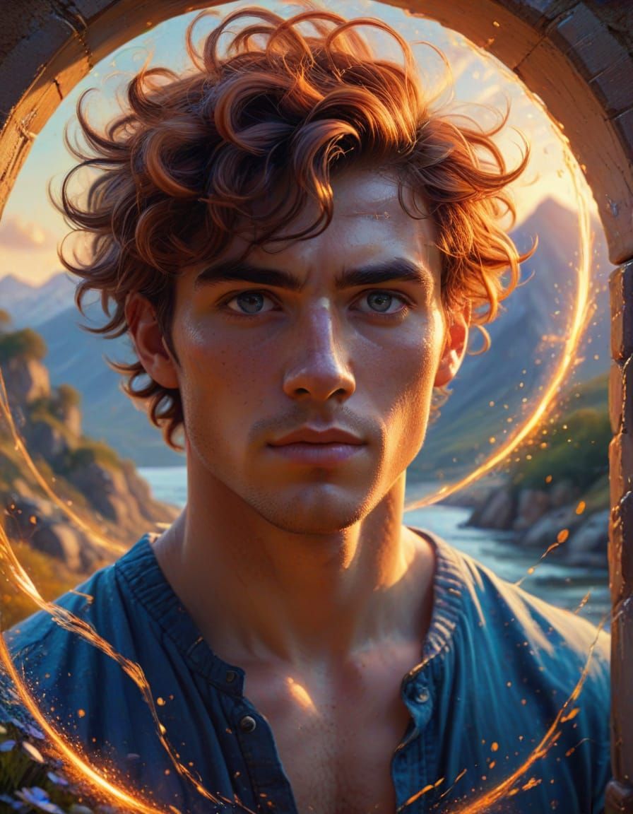 Young Man Opens Portal to Red-Haired Beauty in Vibrant Oil P...