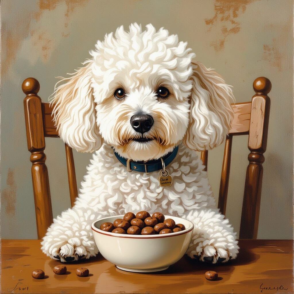 Dog Eating Cereal in Soft Pastel Colors