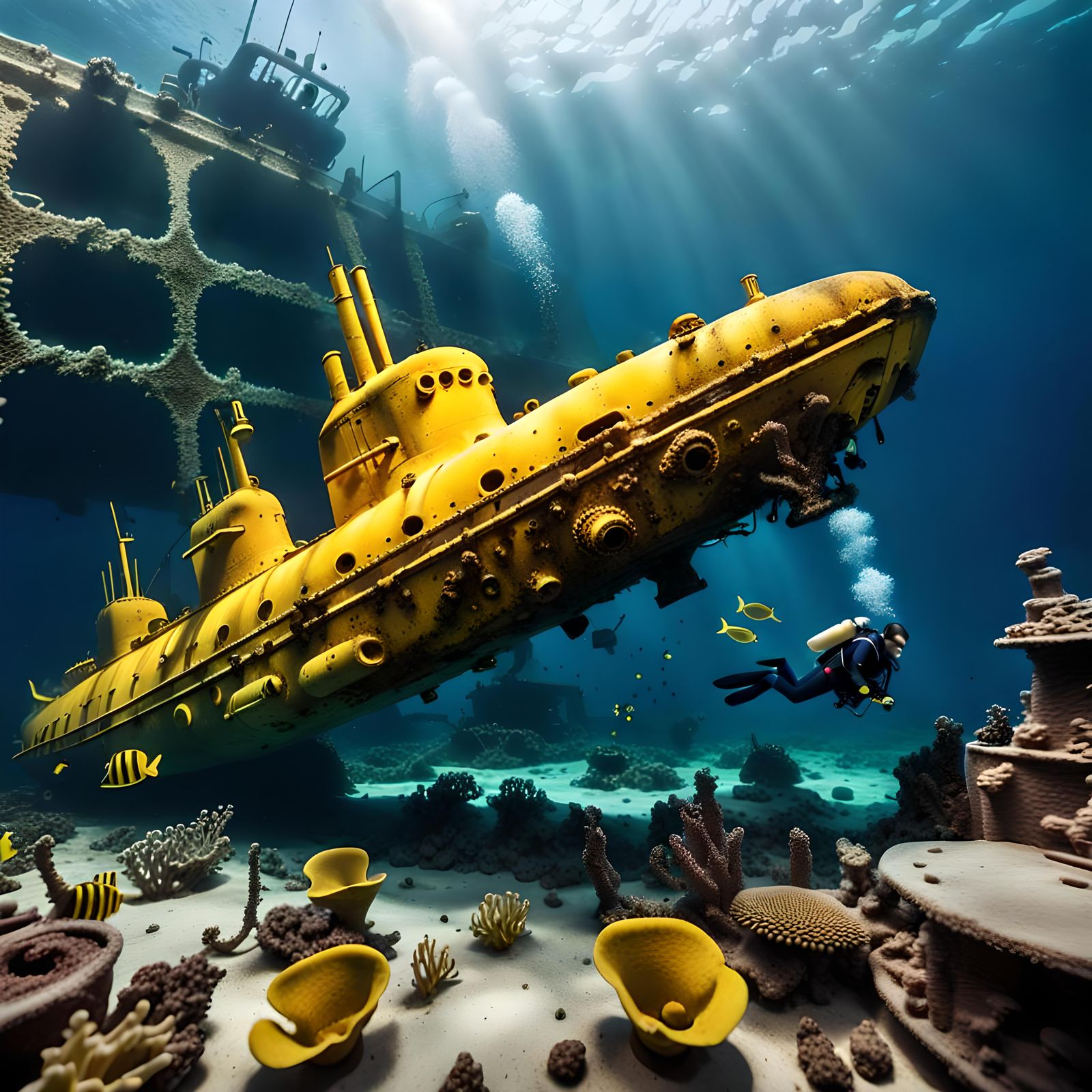 Diver exploring wreckage of yellow submarine