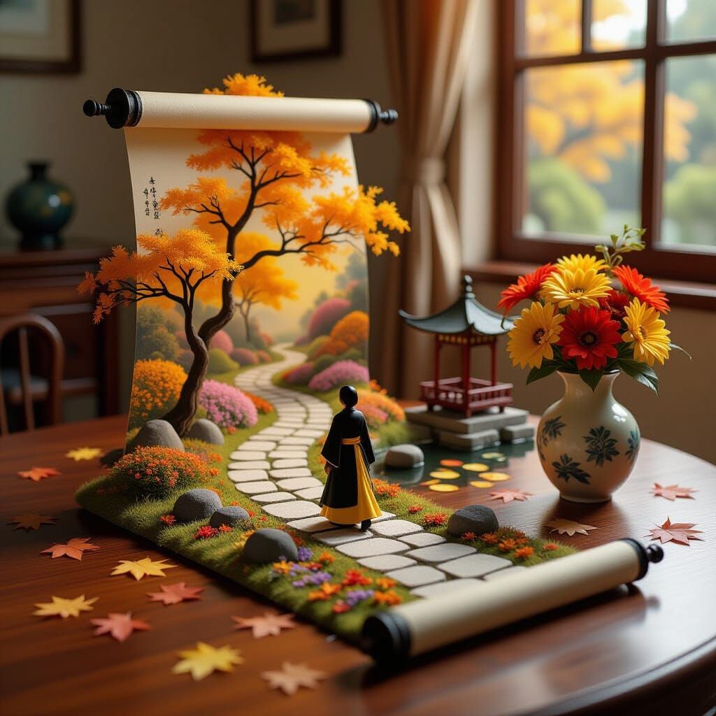 Dreamy Autumn Path Unrolls from Scroll Painting