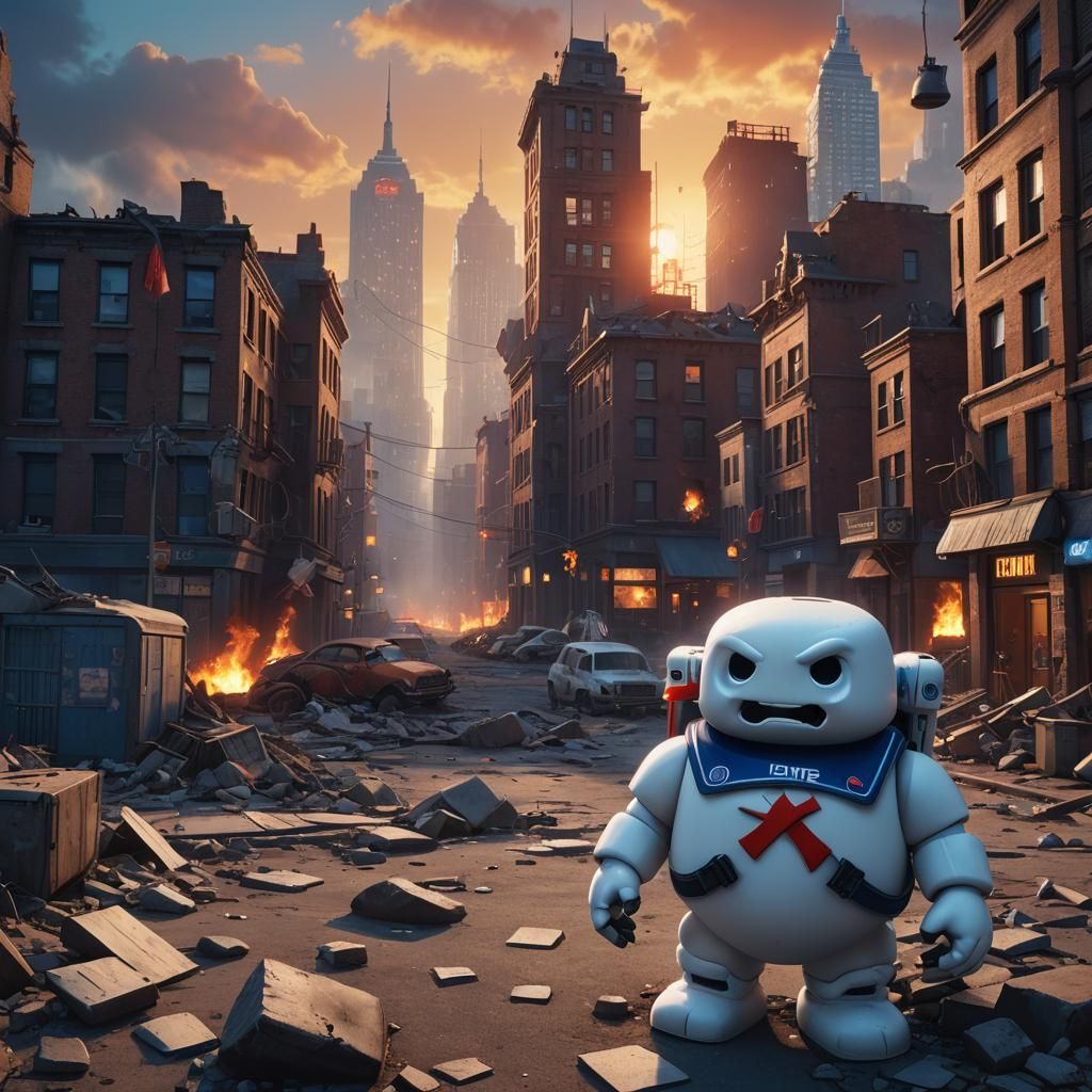 Stay Puft in Deserted City at Sunset
