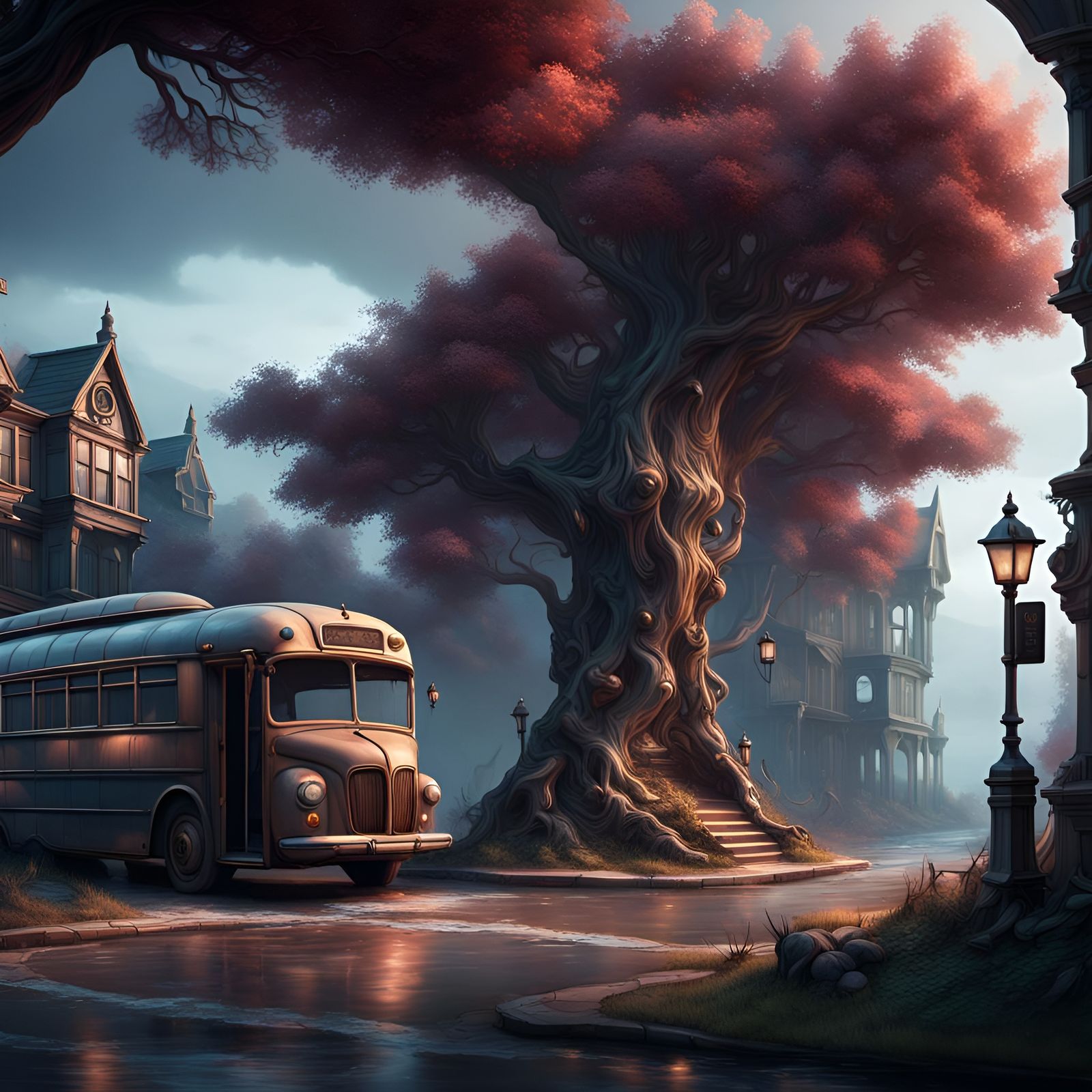 Fantastical Bus Stop in Detailed Matte Painting