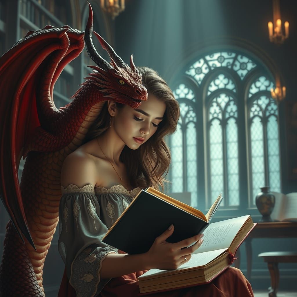 Woman Reading with Dragon in Library: Digital Painting