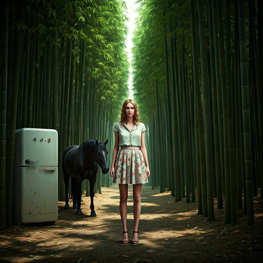 Ethereal Woman in Bamboo Forest with Surrealist Twist
