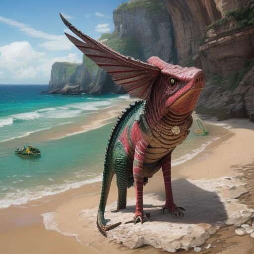 Winged Crocodile on Beach, Oil Painting Style