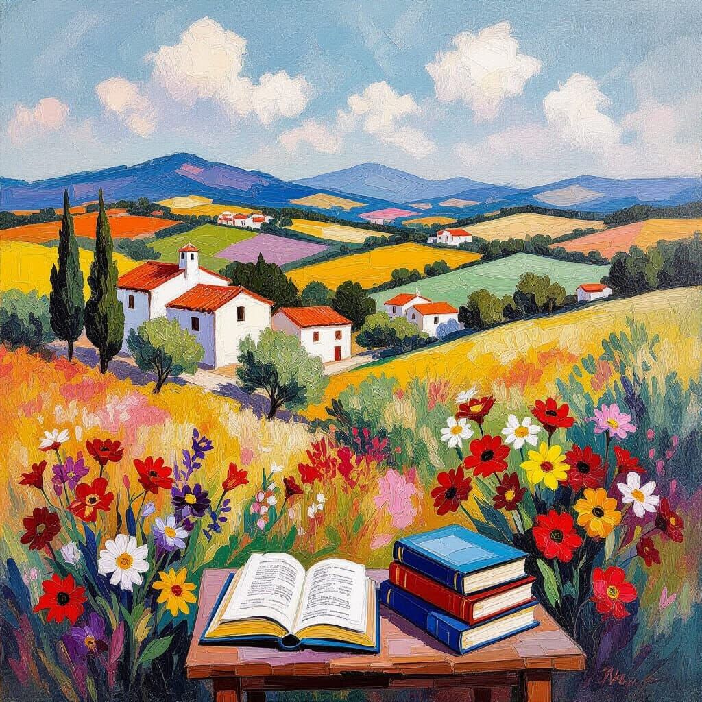 Andalusian Landscape with Books in Neo-Impressionist Style
