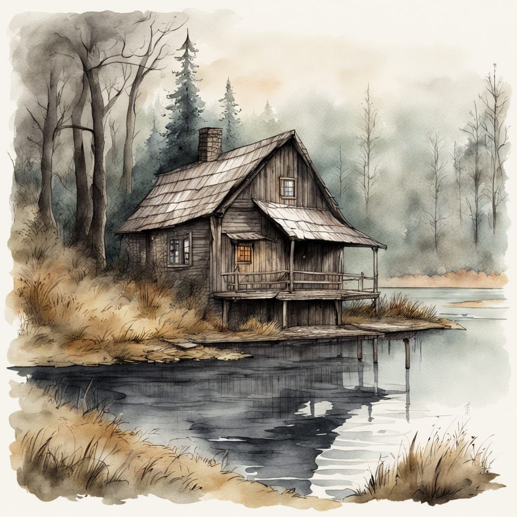 Mysterious Fairy Tale Cabin in Foggy Watercolor Sketch