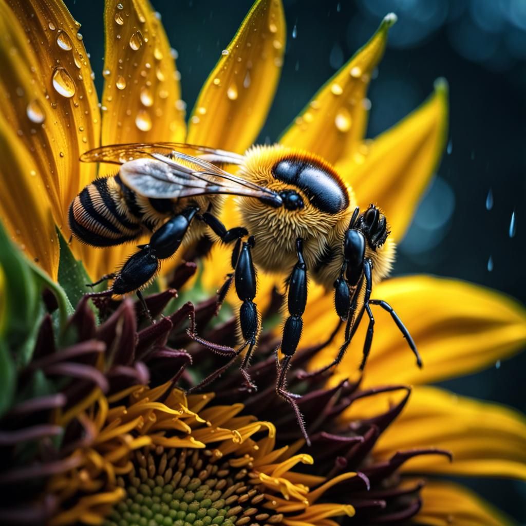 A bee on a sunflower, rain drop on it elegant iridescent dee...