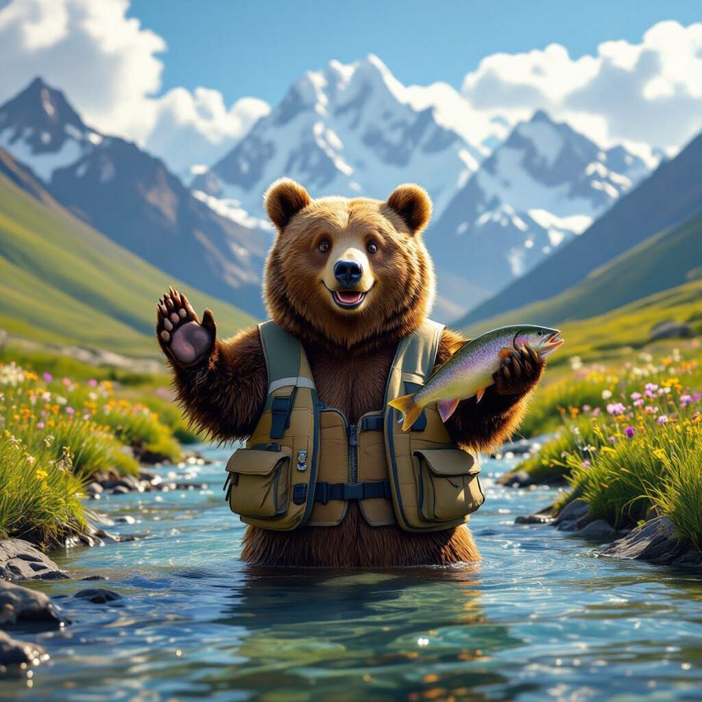 Happy Brown Bear Waving in Mountain Stream