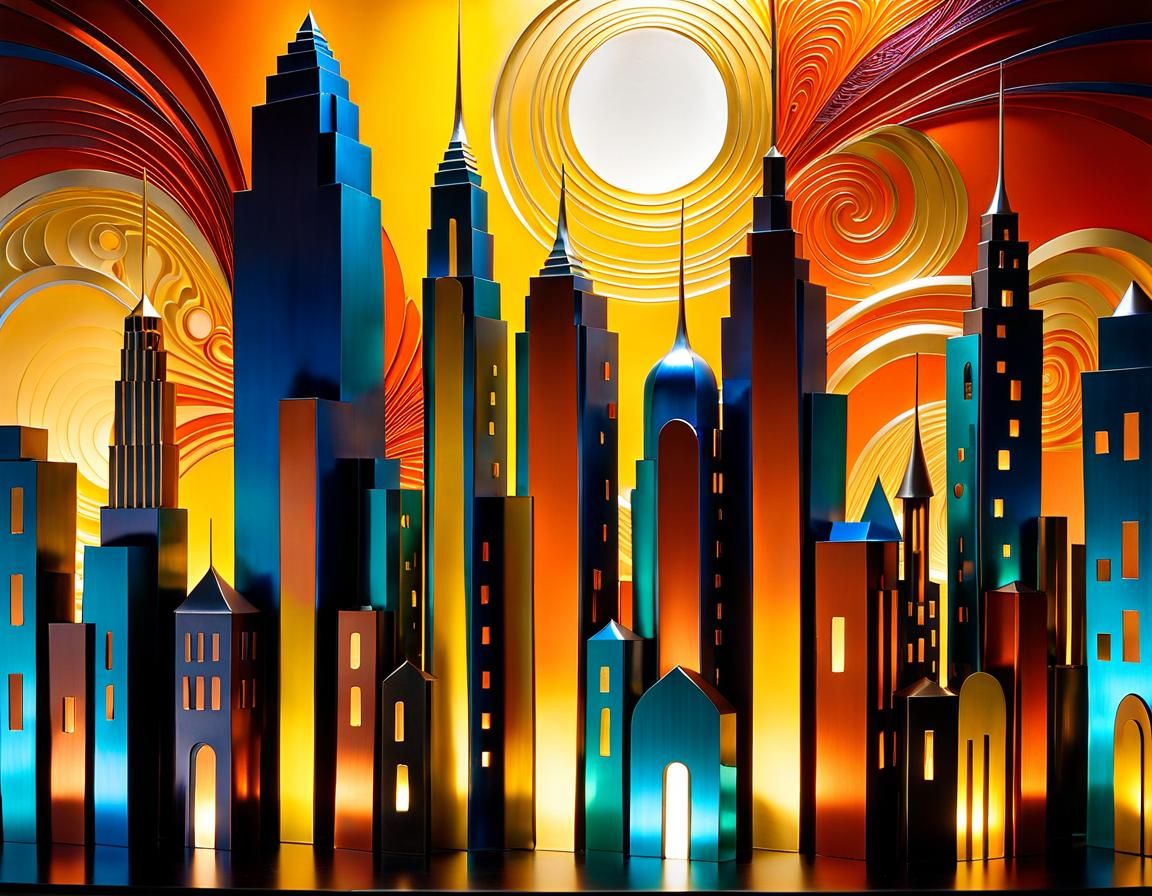 Whimsical Metal Cityscape Sculpture in Vibrant Colors